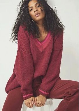 Free People Steffie V Neck Pullover Oversized Chunky Sweater Small